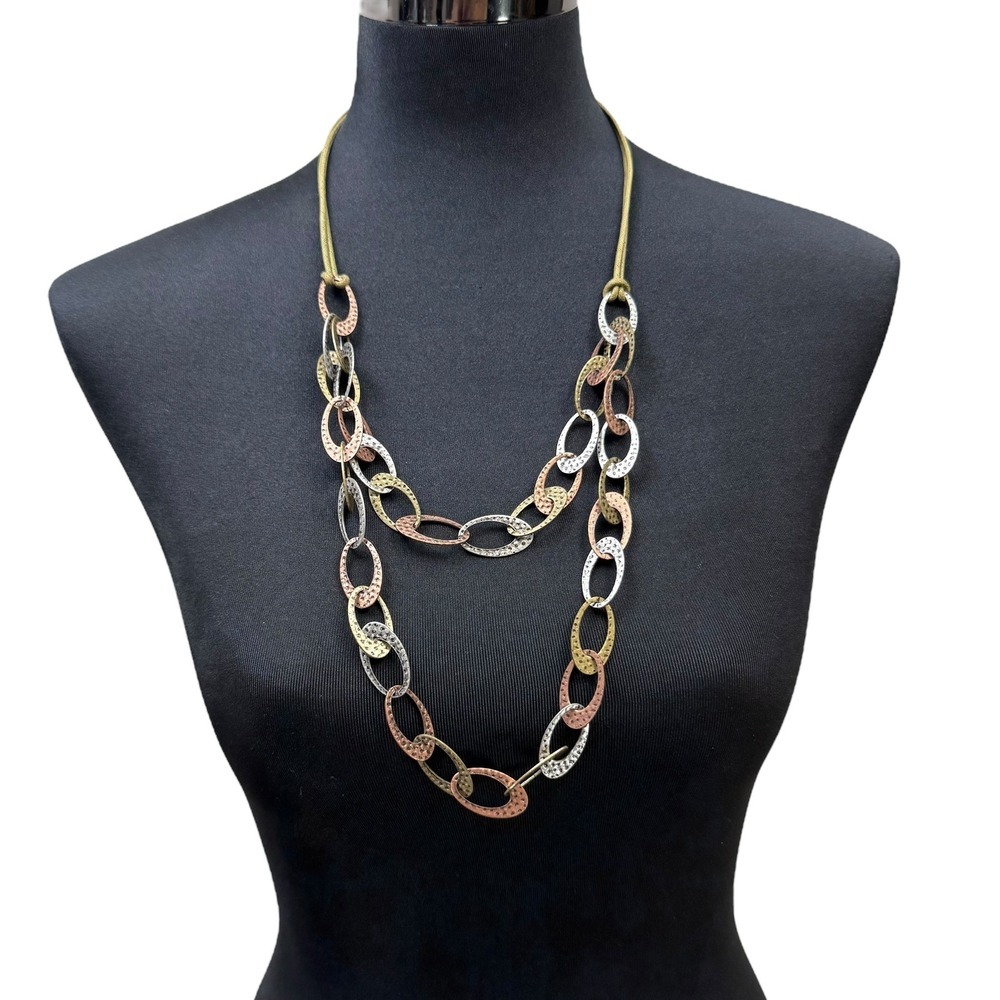 Multi Tone Chain Link Statement Necklace Long Adjustable Fashion Jewelry 16 in L